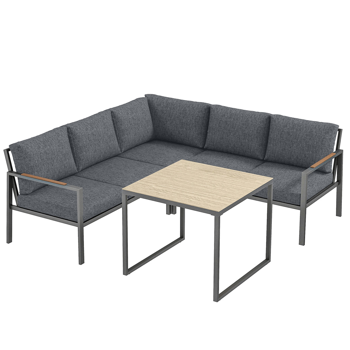Salon de Jardin 3 Pièces, 2 Canapés avec Coussins Épais, 1 Table Basse, 183x183x72cm, Gris Foncé