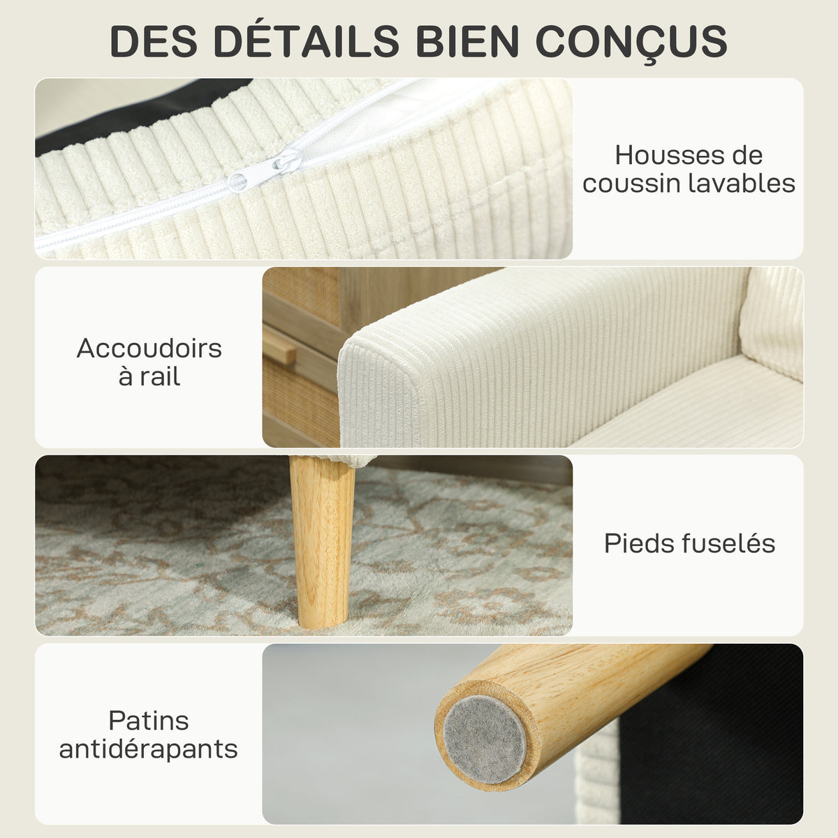 Canapé 3 places en velours, coussins à ressorts, 192x80x84,5cm, beige