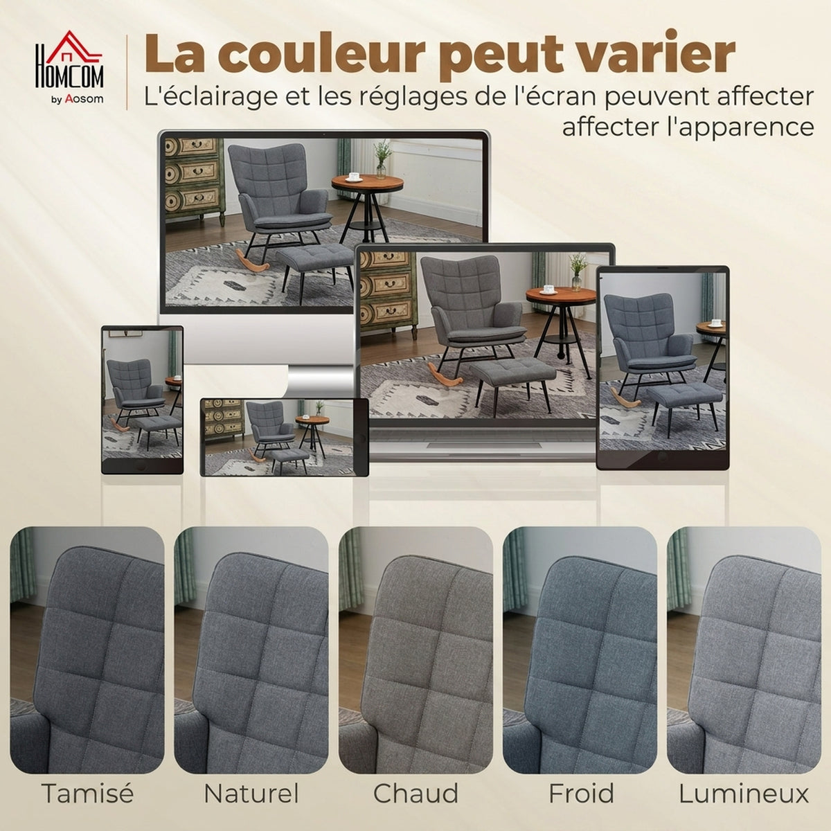 Fauteuil à bascule avec repose-pieds, coussin inclus, 64 x 89 x 90 cm, gris
