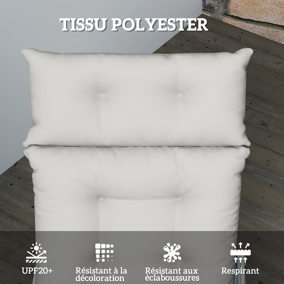 Matelas pour transat, épais coussin chaise longue 190 x 56 x 10 cm, UPF20+, six attaches, gris clair
