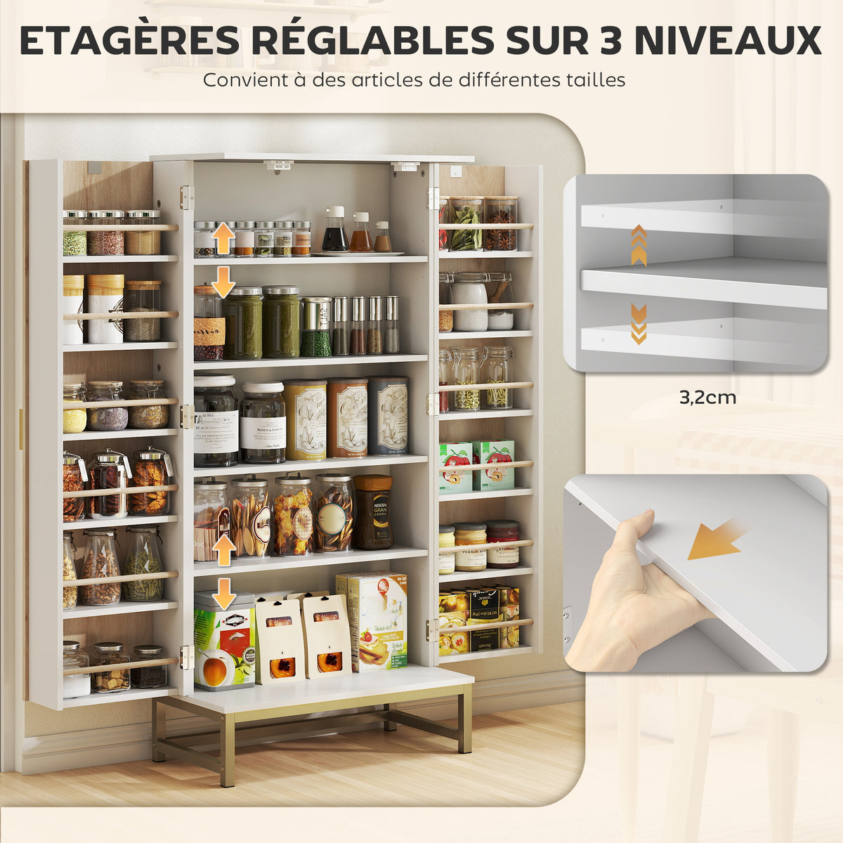 Armoire de cuisine meuble, 12 étagères à portes,58x29x119,5cm, blanc