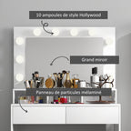 Coiffeuse avec miroir, tiroirs, 3 modes d'éclairage, 10 ampoules, 80 x 40 x 135 cm, blanc