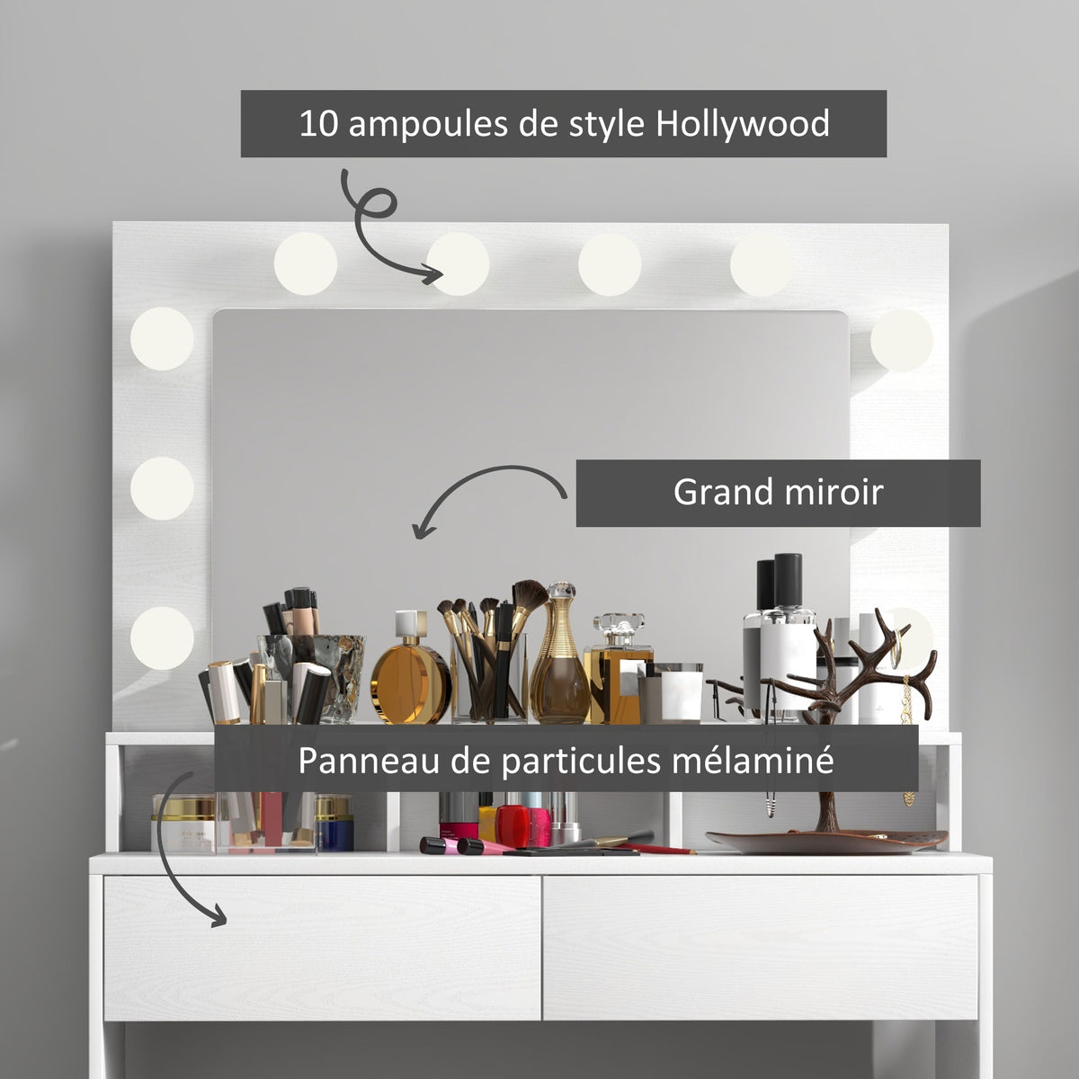 Coiffeuse avec miroir, tiroirs, 3 modes d'éclairage, 10 ampoules, 80 x 40 x 135 cm, blanc