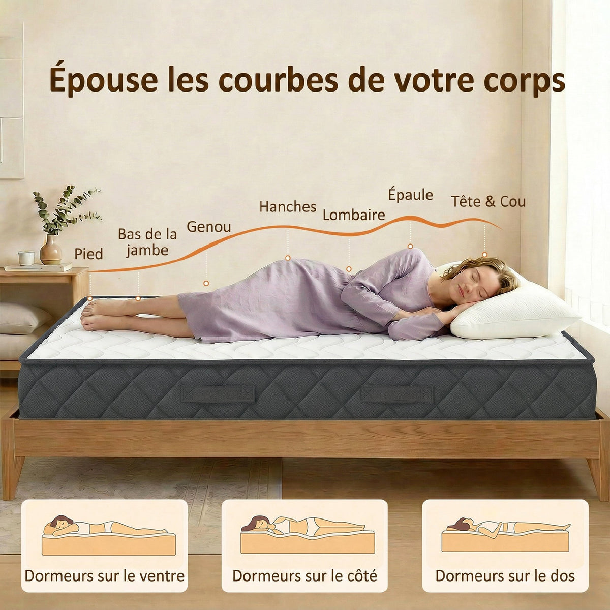 Matelas 140x190cm, 2 personnes, mousse à mémoire de forme, 20cm d'épaisseur