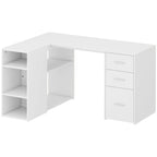 Bureau d'Angle, 3 Tiroirs, 5 Compartiments, Étagères Réglables, 140x100x75cm, Blanc