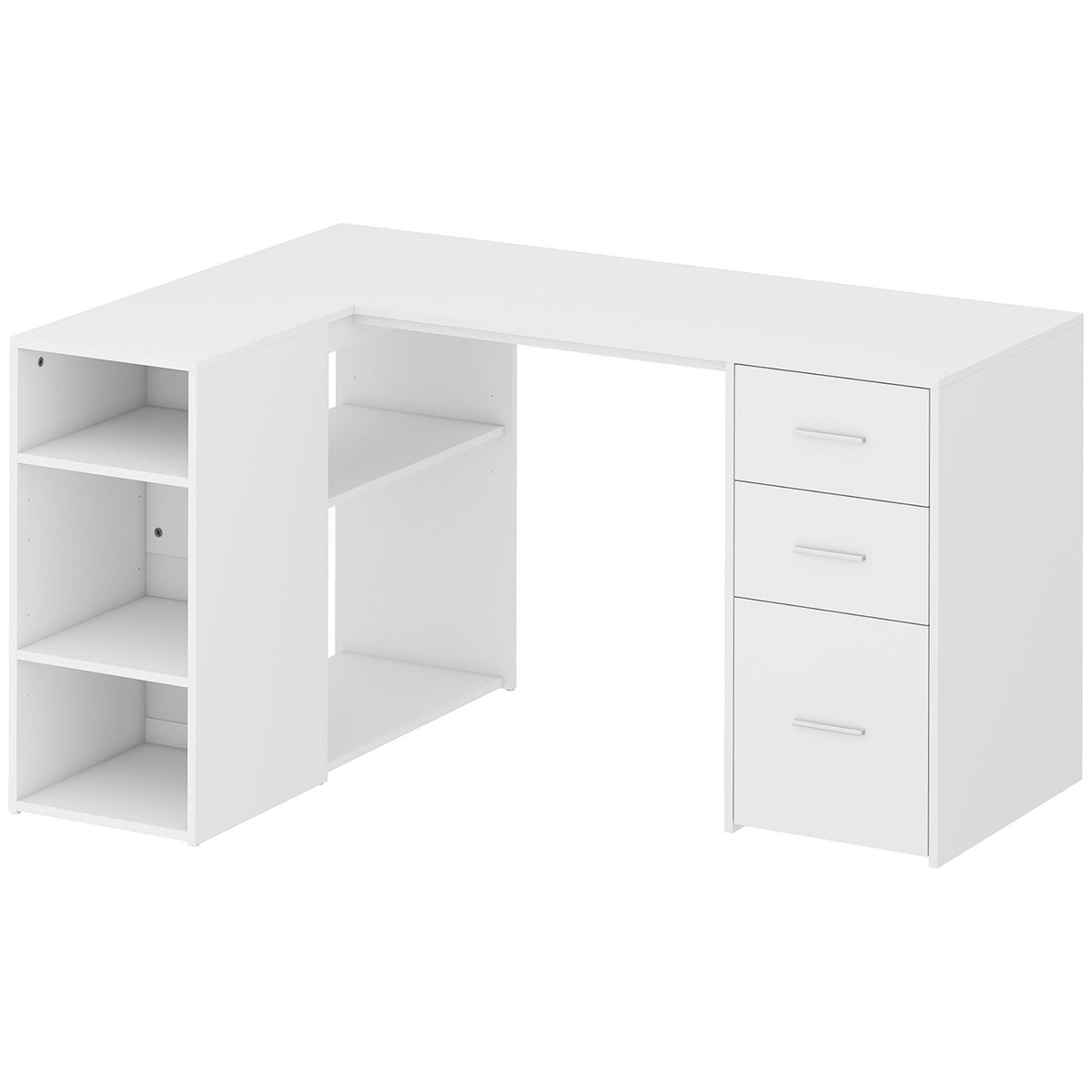 Bureau d'Angle, 3 Tiroirs, 5 Compartiments, Étagères Réglables, 140x100x75cm, Blanc