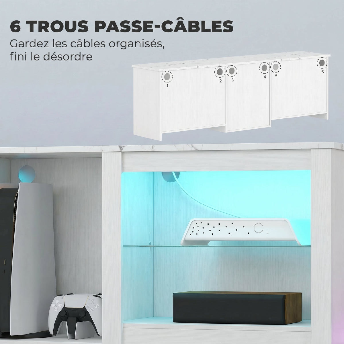 Meuble TV avec éclairage LED jusqu'à 70 pouces, 160cm avec étagères en verre réglables, blanc