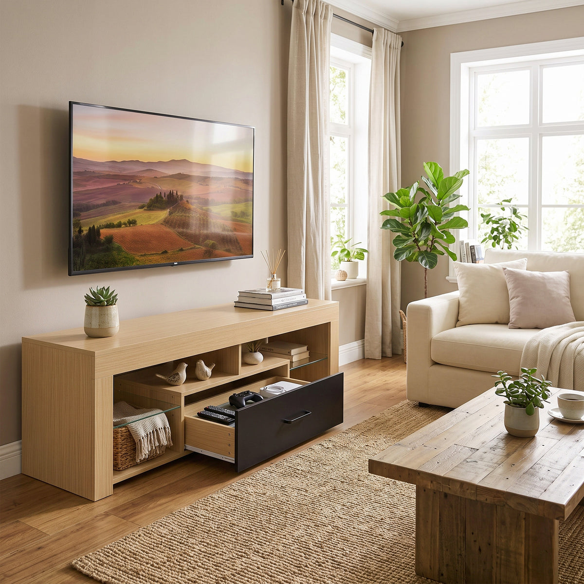 Meuble TV 140 cm, 65 Pouces avec Étagères en Verre Réglables, Tiroir et Compartiments Ouverts, Chêne