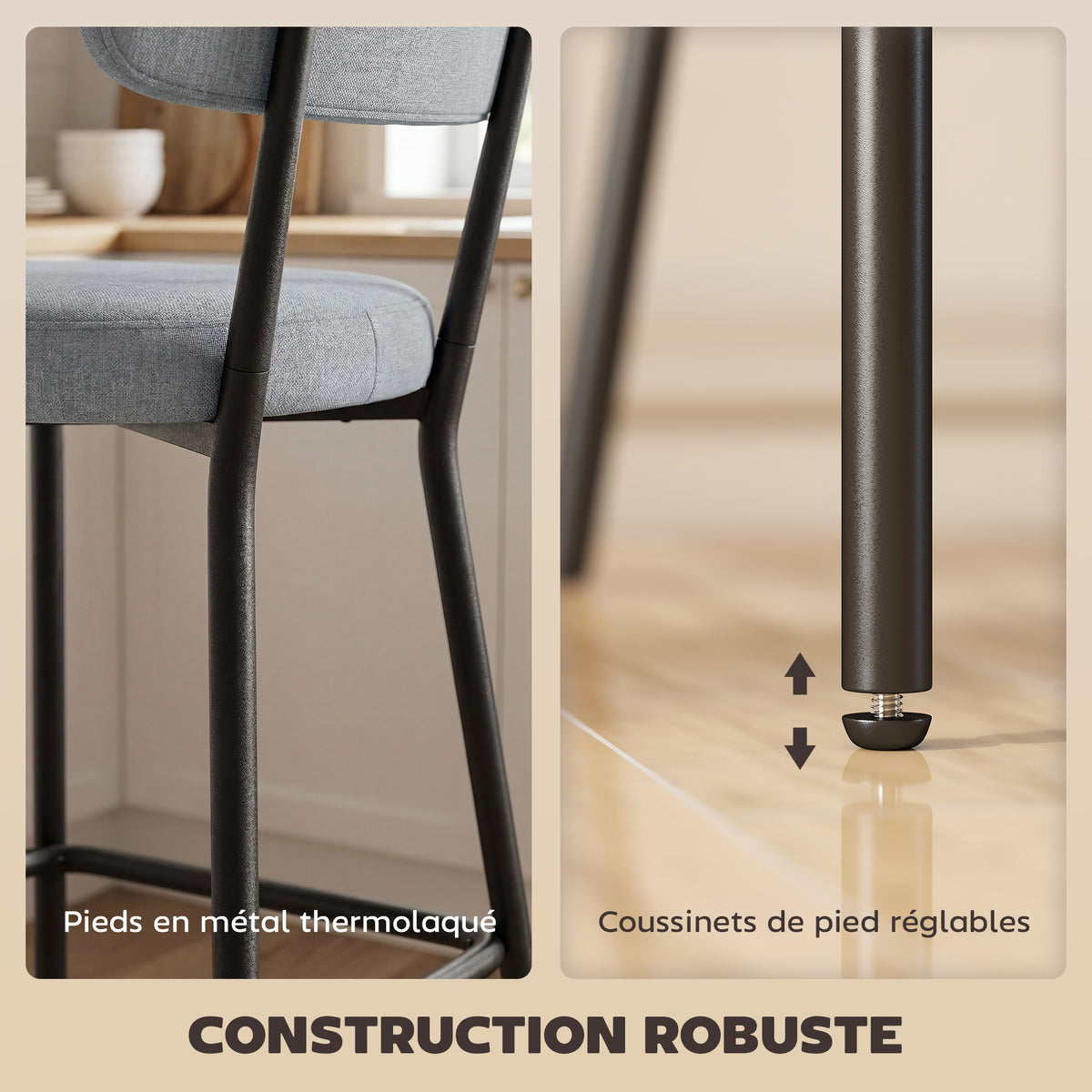 Lot de 2 tabourets de bar, repose-pieds, 49 x 53 x 93 cm, gris