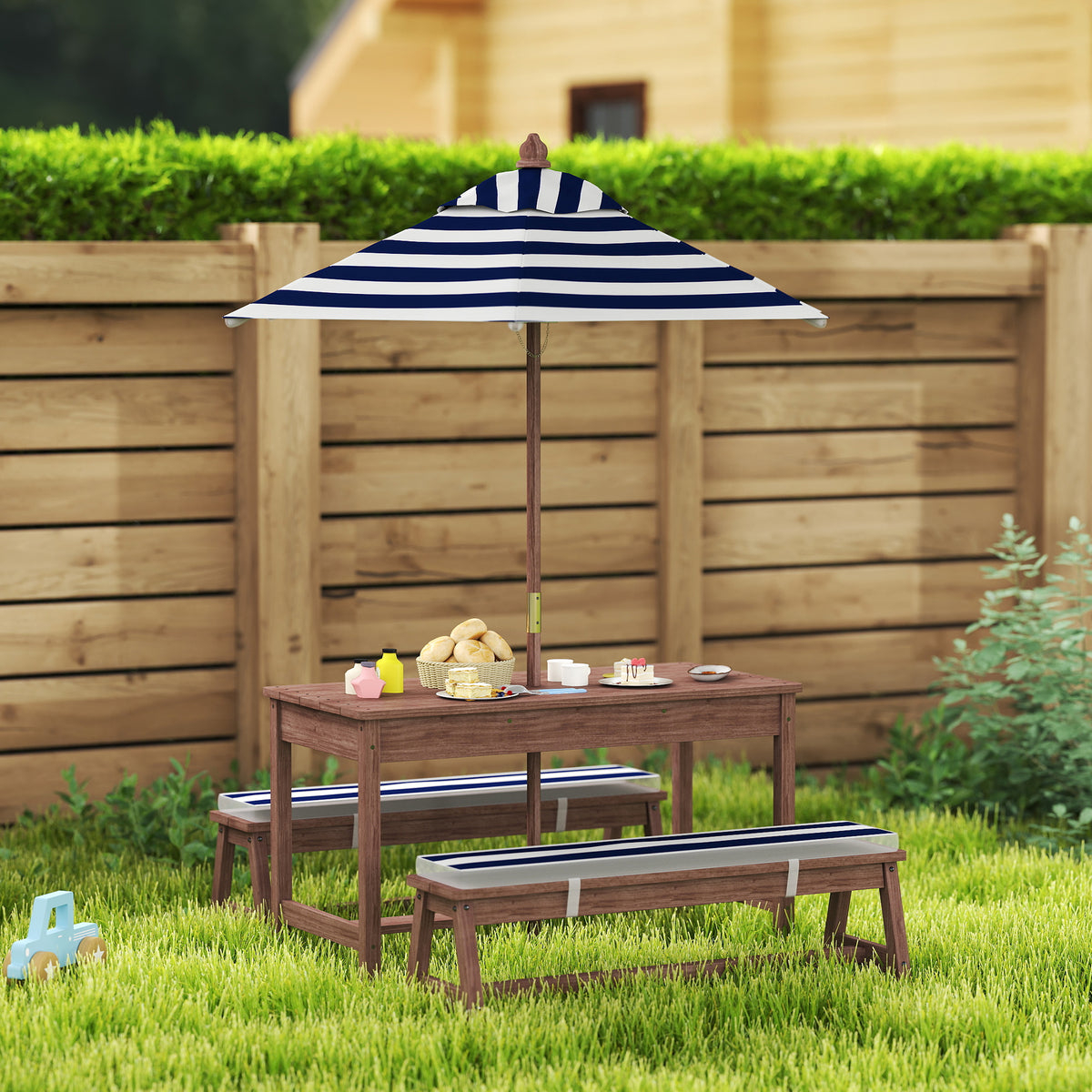 Ensemble salon de jardin enfant avec coussins et parasol amovible, rayé bleu marine et blanc