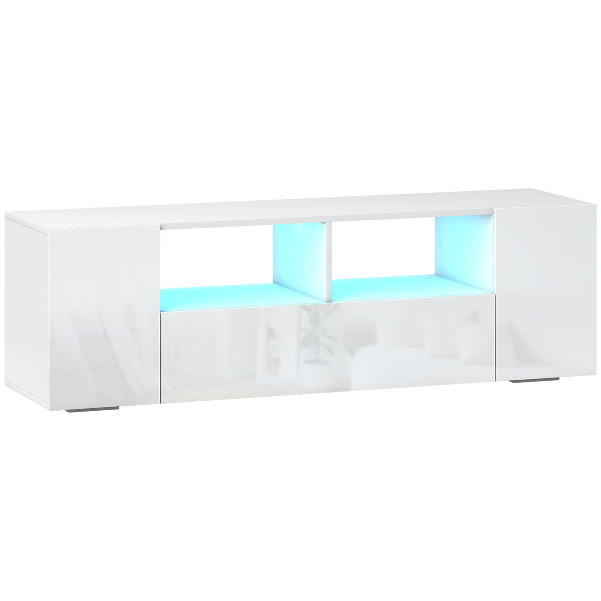 Meuble TV, jusqu'à 60 pouces, avec lumières LED, 2 étagères et placards, 137 x 35 x 42 cm, blanc