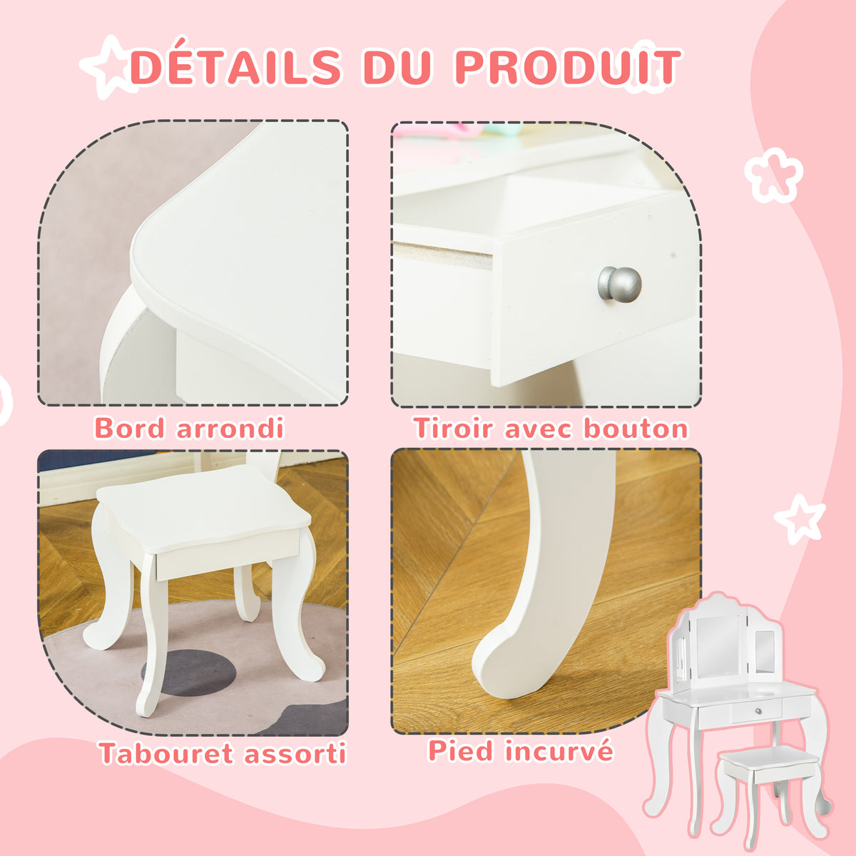 Coiffeuse Enfant avec Tabouret, Miroir et tiroir Coulissant Blanc Acrylique