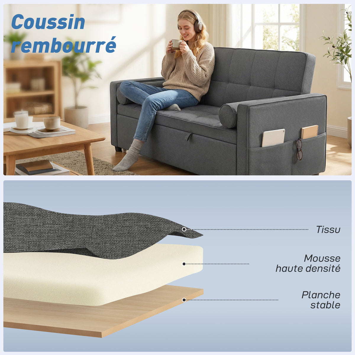 Canapé convertible 2 places, canapé-lit, 2 coussins 80,5x137,5x84cm gris