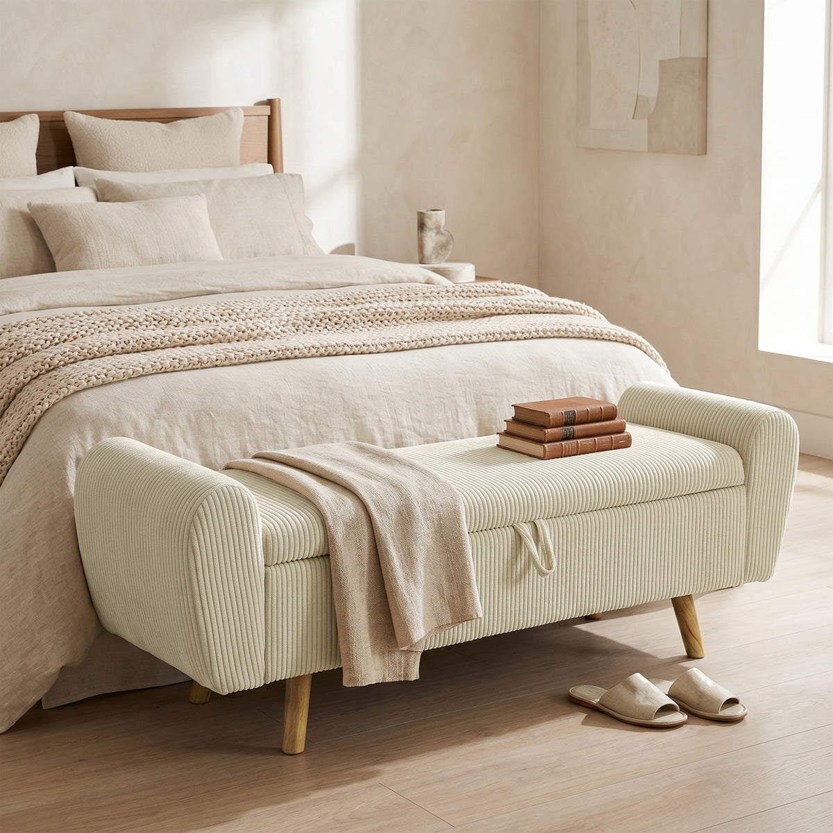 Banc de rangement 73 L, coffre de rangement et pieds en bois d'hévéa, beige
