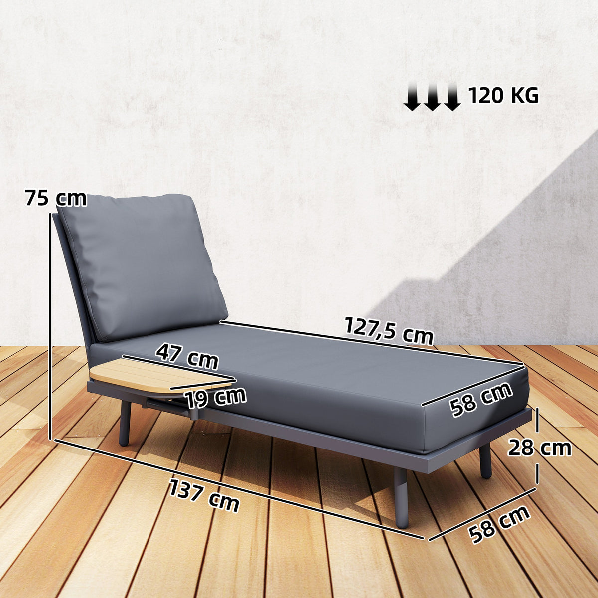 Transat avec Coussins Lavables en Oléfine et Étagère Latérale, Cadre en Métal, 58x137x75cm, Gris