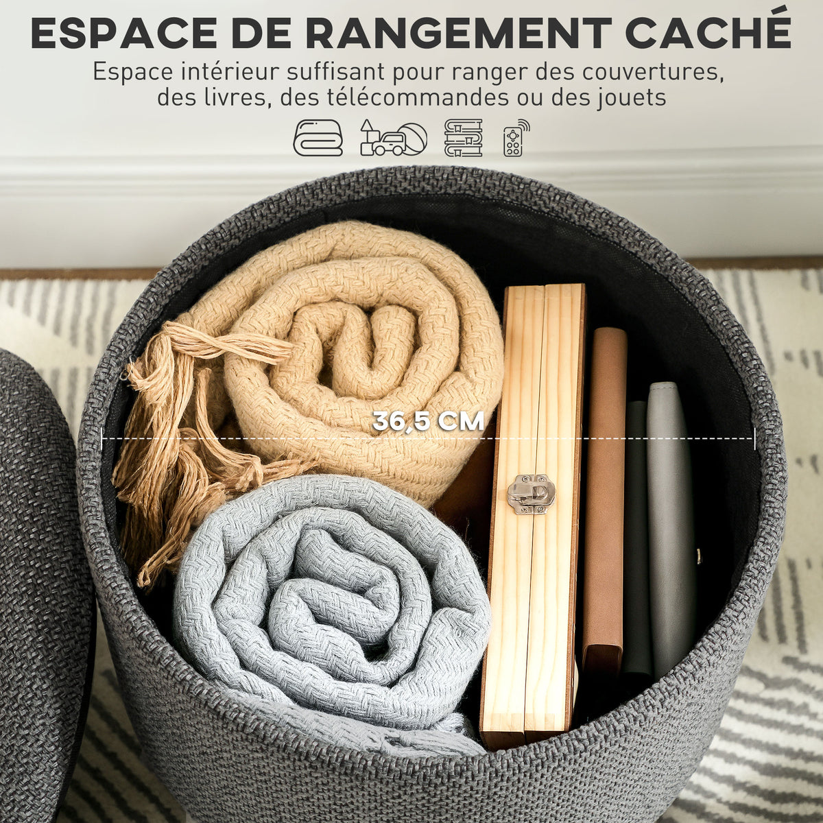 Pouf rond repose-pieds avec coffre de rangement pieds en bois gris