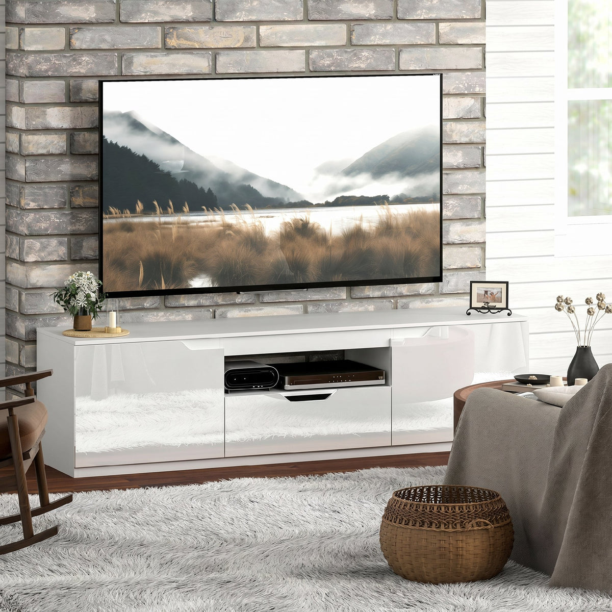 Meuble TV 160 cm, jusqu'à 65 pouces avec 2 portes et tiroir, blanc