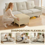 Canapé 3 places avec pouf de rangement, modulable 210 cm, tissu aspect lin, crème