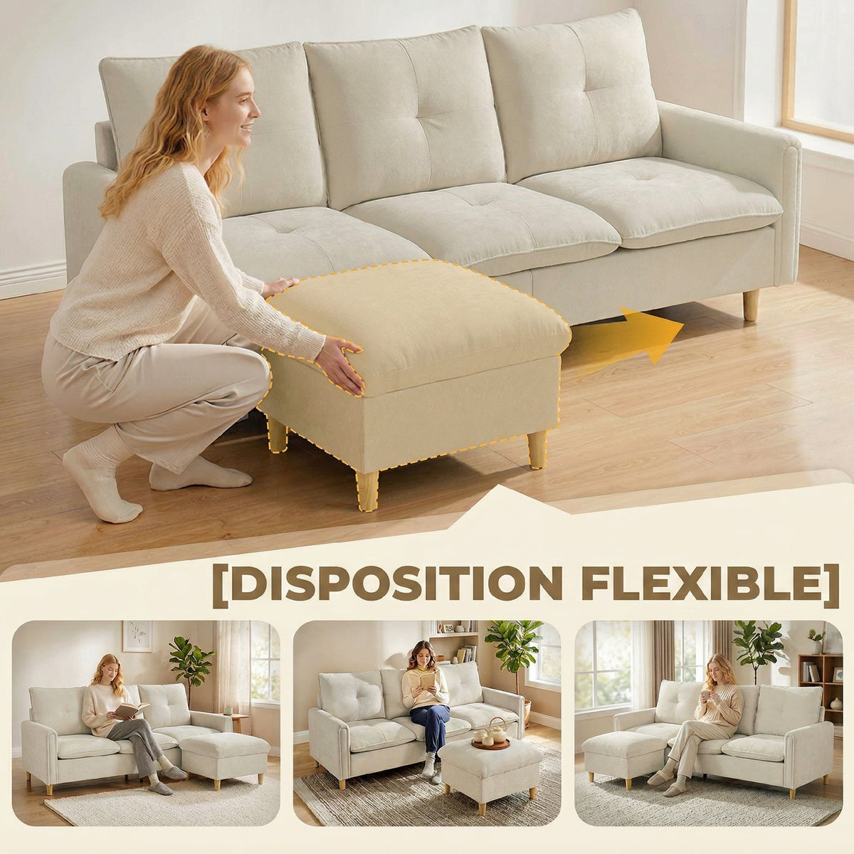 Canapé 3 places avec pouf de rangement, modulable 210 cm, tissu aspect lin, crème