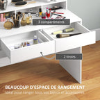 Coiffeuse avec miroir, tiroirs, 3 modes d'éclairage, 10 ampoules, 80 x 40 x 135 cm, blanc