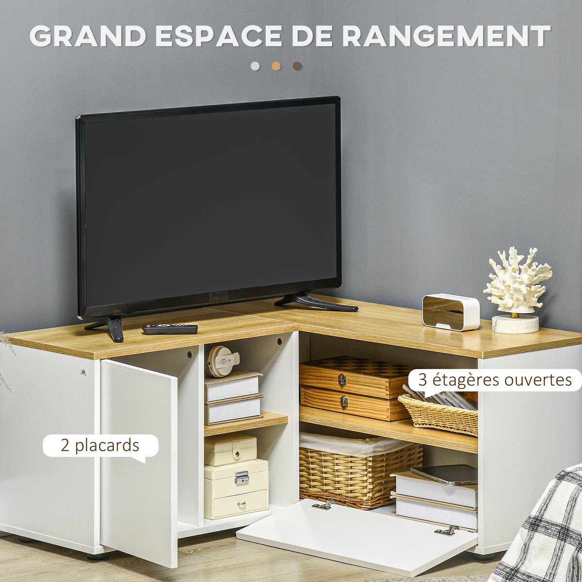 Meuble TV d'angle, jusqu'à 40 pouces avec rangements aspect bois clair et blanc