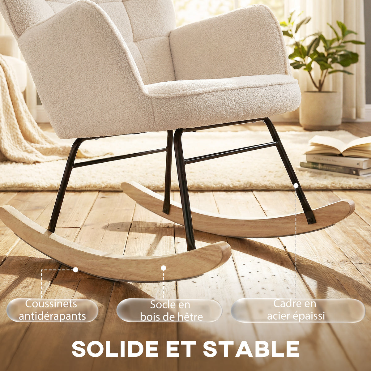 Fauteuil à bascule, effet laine, structure en acier 71 x 98 x 101 cm beige