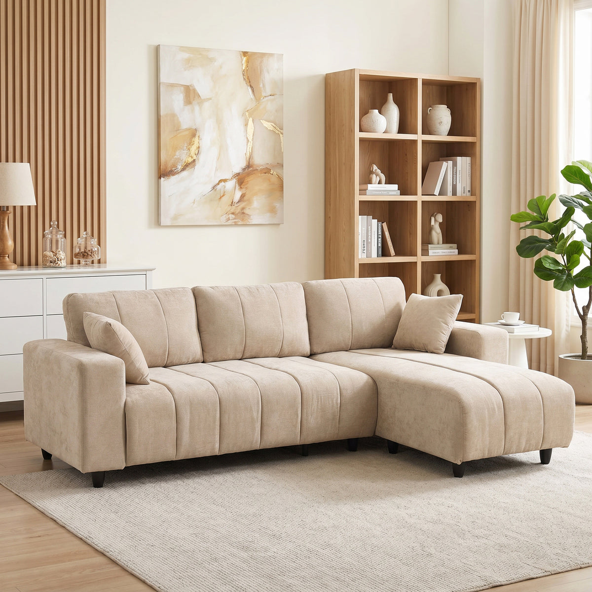 Canapé d'Angle Modulable 242 cm, 4 Places en L, 2 Oreillers, Tissu Aspect Lin, Beige