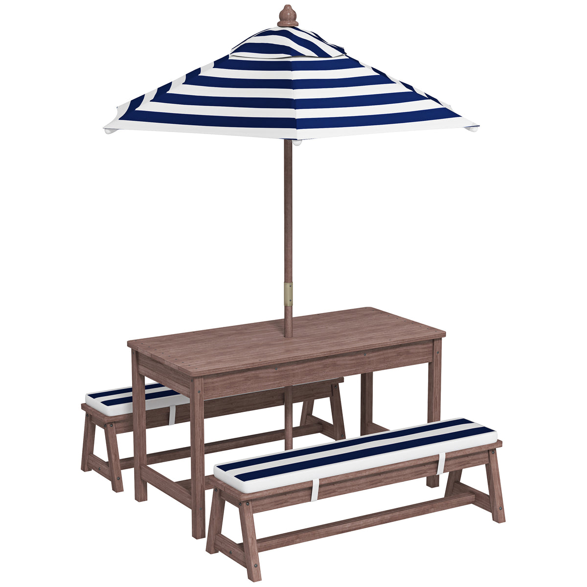 Ensemble salon de jardin enfant avec coussins et parasol amovible, rayé bleu marine et blanc
