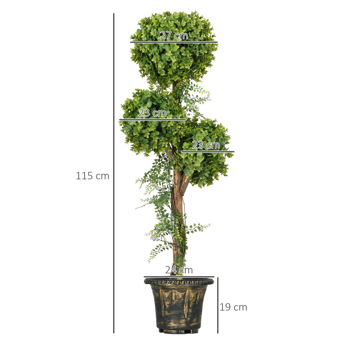 Plante artificielle, 3 boules de buis avec pot ciment, hauteur 115 cm