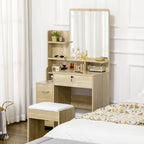 coiffeuse table de maquillage, tabouret rembourré, grand miroir, plusieurs étagères ouvertes, 4 tiroirs bois naturel
