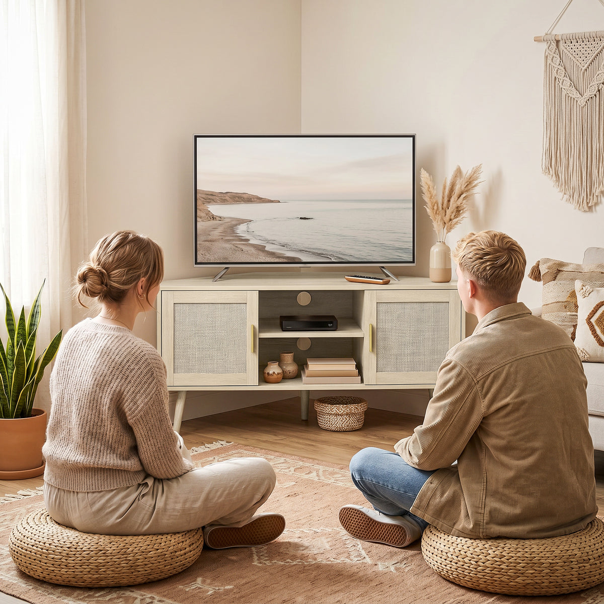 Meuble TV d'Angle 115 cm, jusqu'à 65 Pouces, 2 Portes en Rotin 2 Compartiments, Chêne