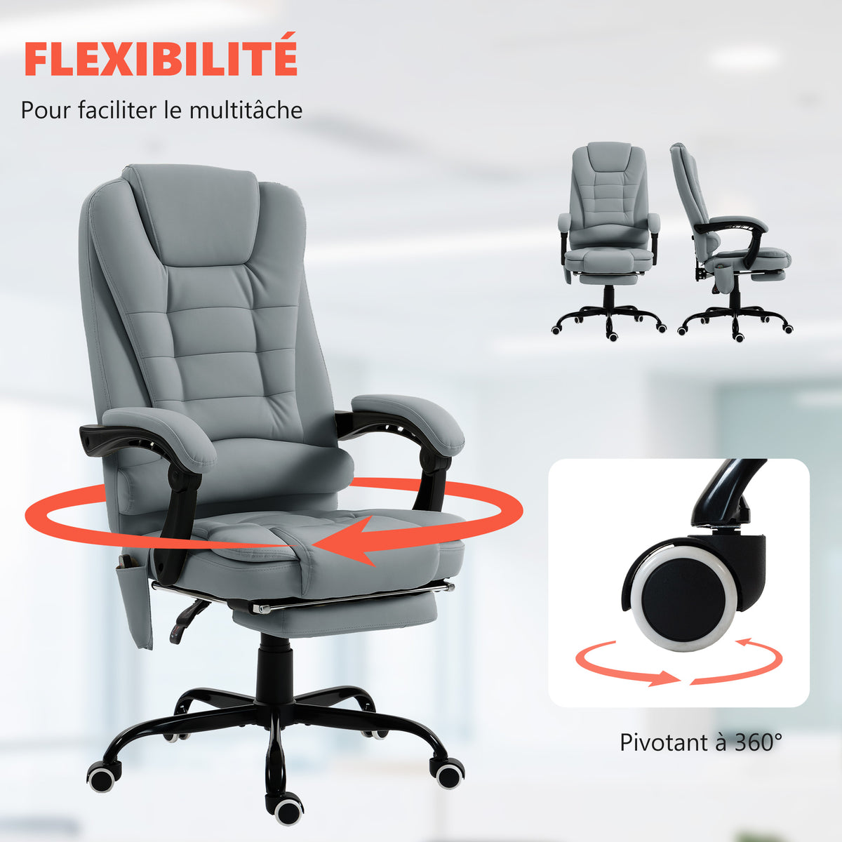 Fauteuil de bureau massant, inclinable et télécommande filaire, gris