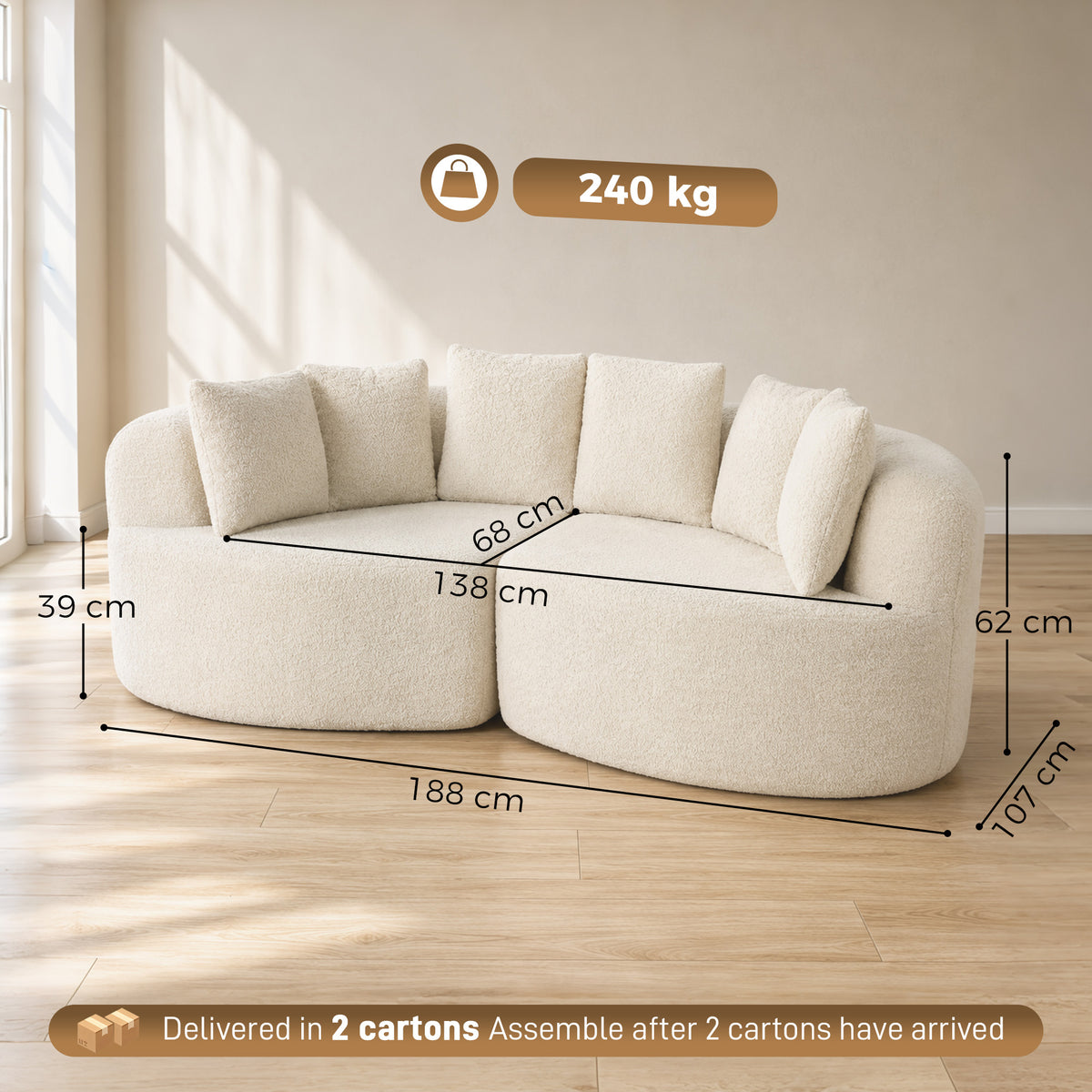 Canapé 3 Places Incurvé 188 cm, 6 Coussins, Rembourrage Épais, Crème