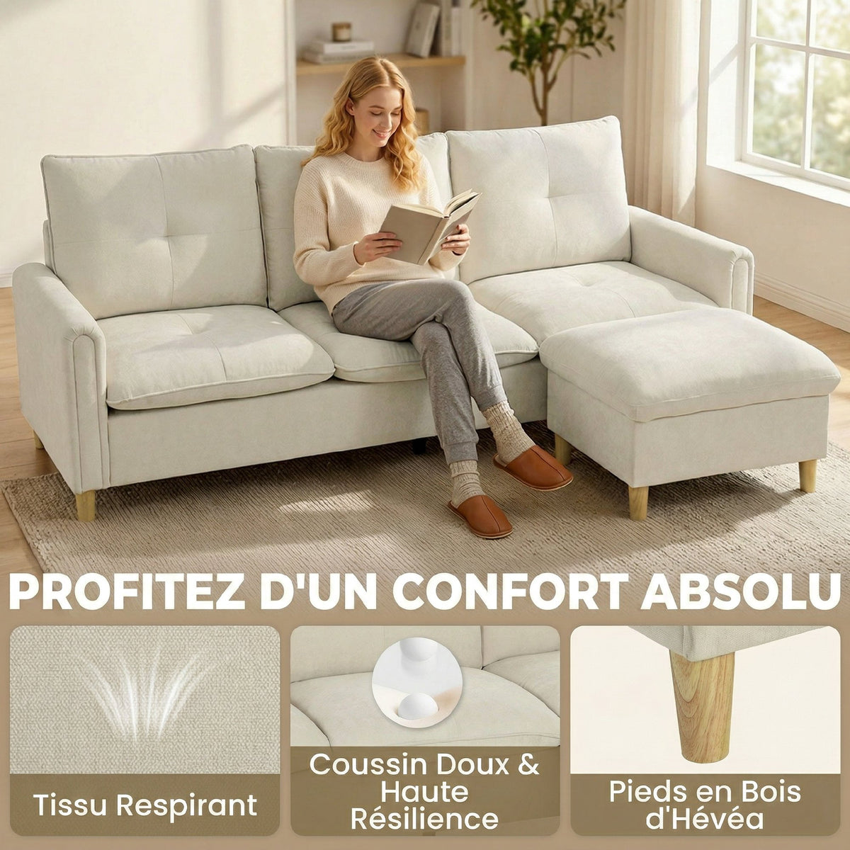 Canapé 3 places avec pouf de rangement, modulable 210 cm, tissu aspect lin, crème