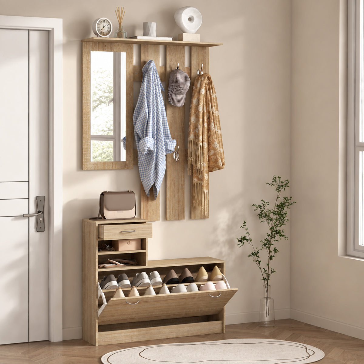 Meuble d'entrée avec porte-manteau, miroir et banc à chaussures - 6 crochets 90x10x91cm effet bois naturel
