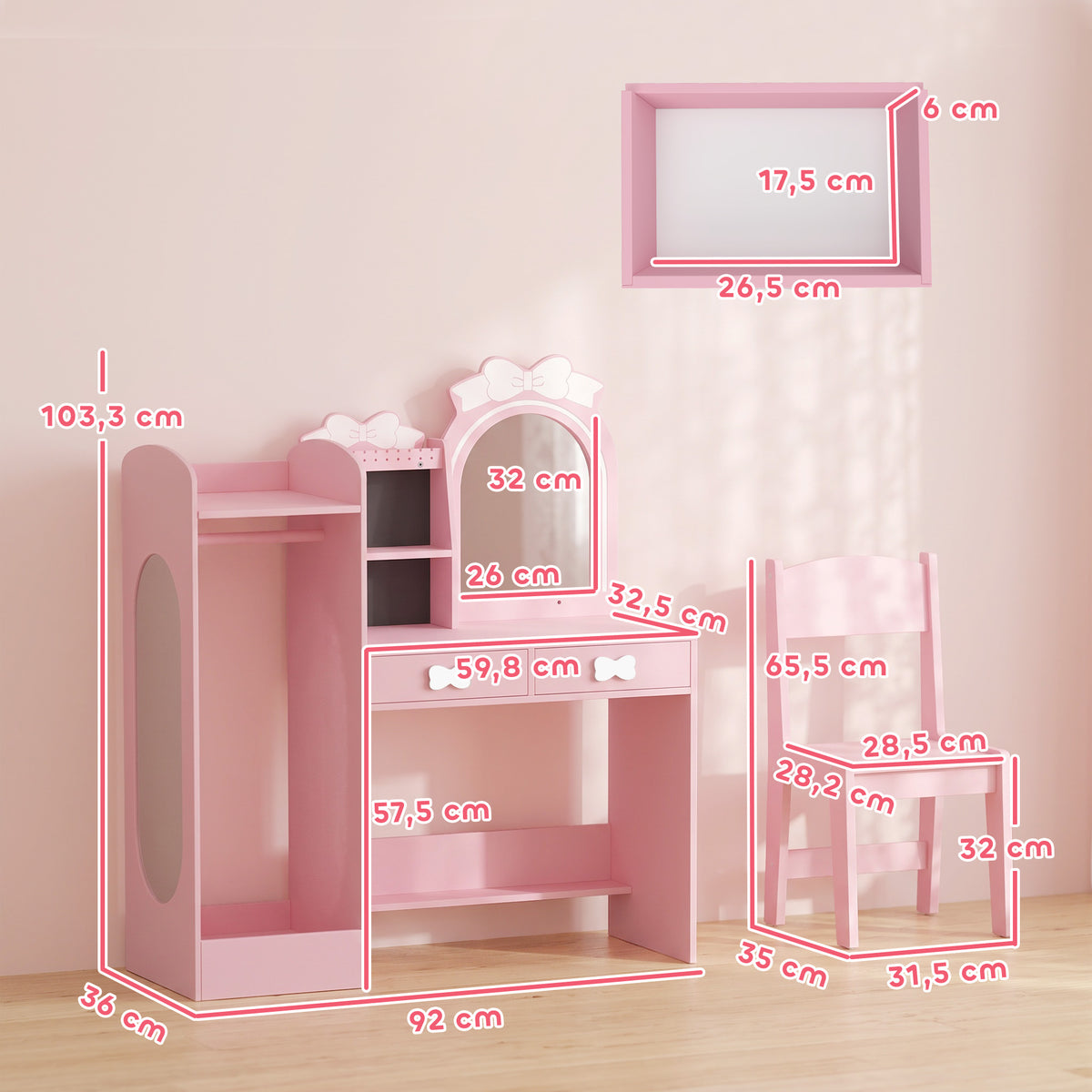 Coiffeuse pour Enfants avec Tabouret et Miroir Lumineux, Rose