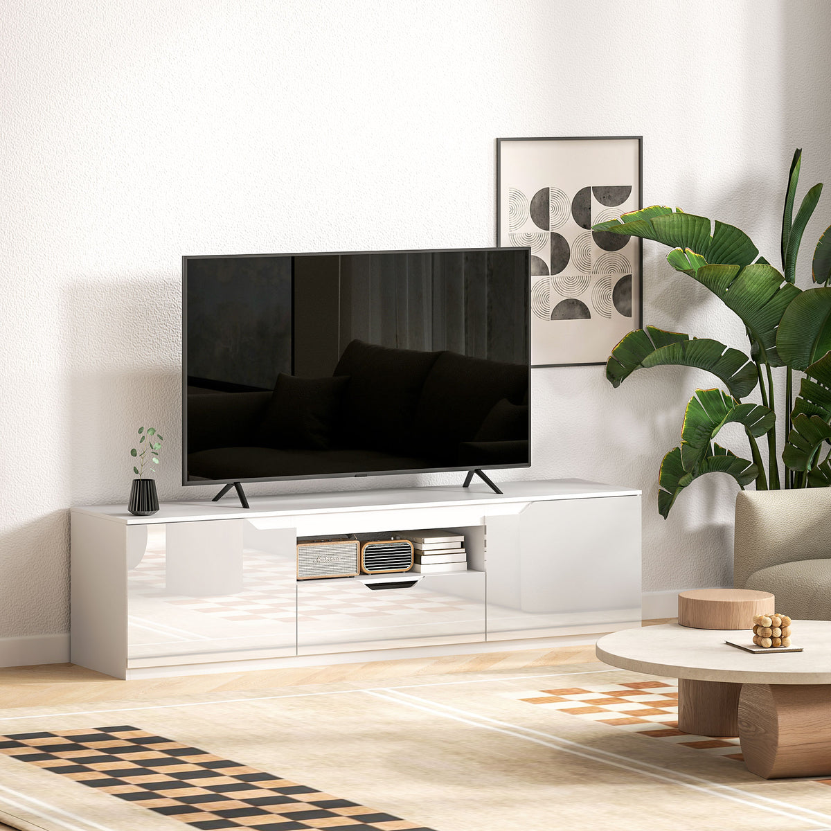 Meuble TV 160 cm, jusqu'à 65 pouces avec 2 portes et tiroir, blanc