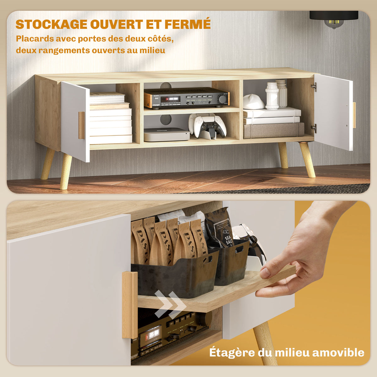 Meuble TV jusqu'à 50 pouces avec étagères, 2 placards et passe-câbles, chêne
