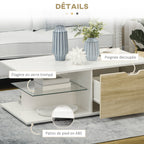 Table basse rectangulaire, 2 tiroirs 2 niches étagère verre trempé, chêne clair
