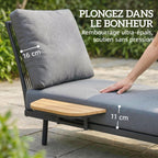Transat avec Coussins Lavables en Oléfine et Étagère Latérale, Cadre en Métal, 58x137x75cm, Gris