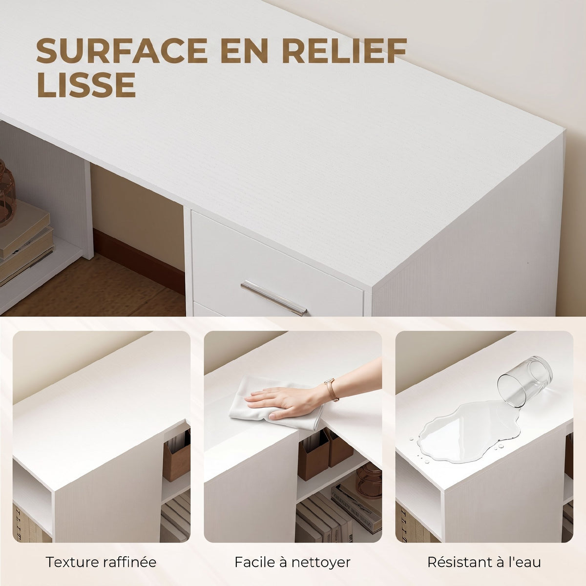 Bureau d'Angle, 3 Tiroirs, 5 Compartiments, Étagères Réglables, 140x100x75cm, Blanc