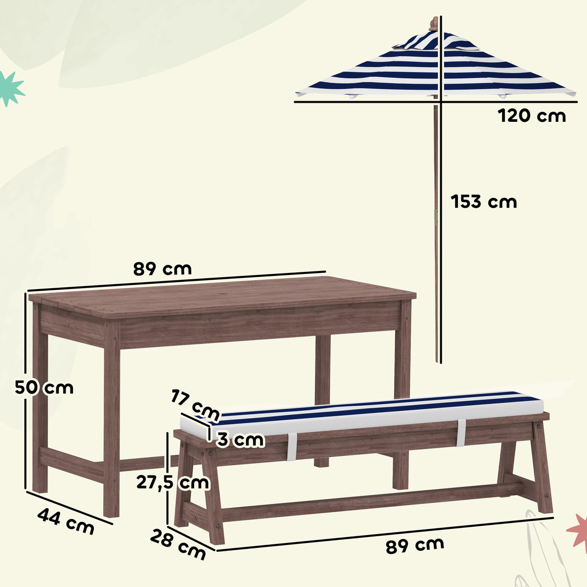 Ensemble salon de jardin enfant avec coussins et parasol amovible, rayé bleu marine et blanc