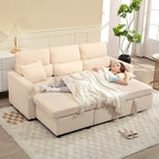Canapé d'angle convertible en velours, canapé-lit 3 places, coussins, 205x135x76cm, beige