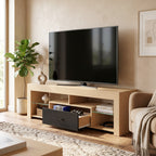 Meuble TV 140 cm, 65 Pouces avec Étagères en Verre Réglables, Tiroir et Compartiments Ouverts, Chêne