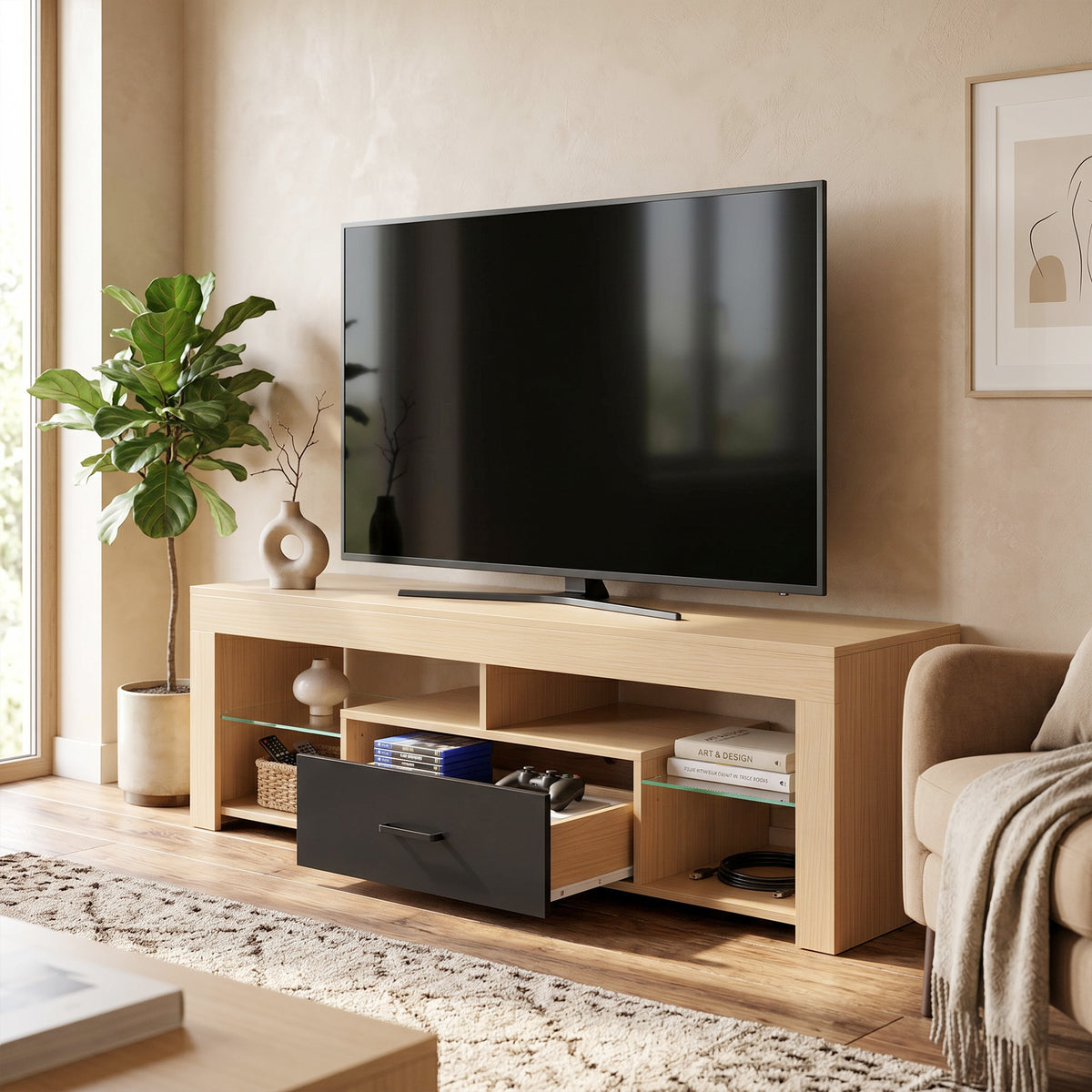 Meuble TV 140 cm, 65 Pouces avec Étagères en Verre Réglables, Tiroir et Compartiments Ouverts, Chêne