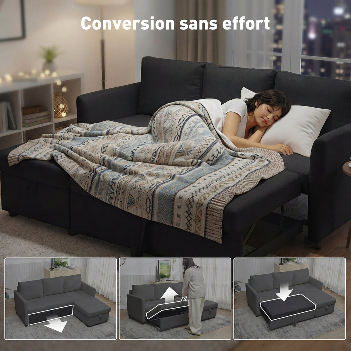 Canapé d'Angle Convertible, Canapé-Lit 3 Places 192 cm, Gris Anthracite