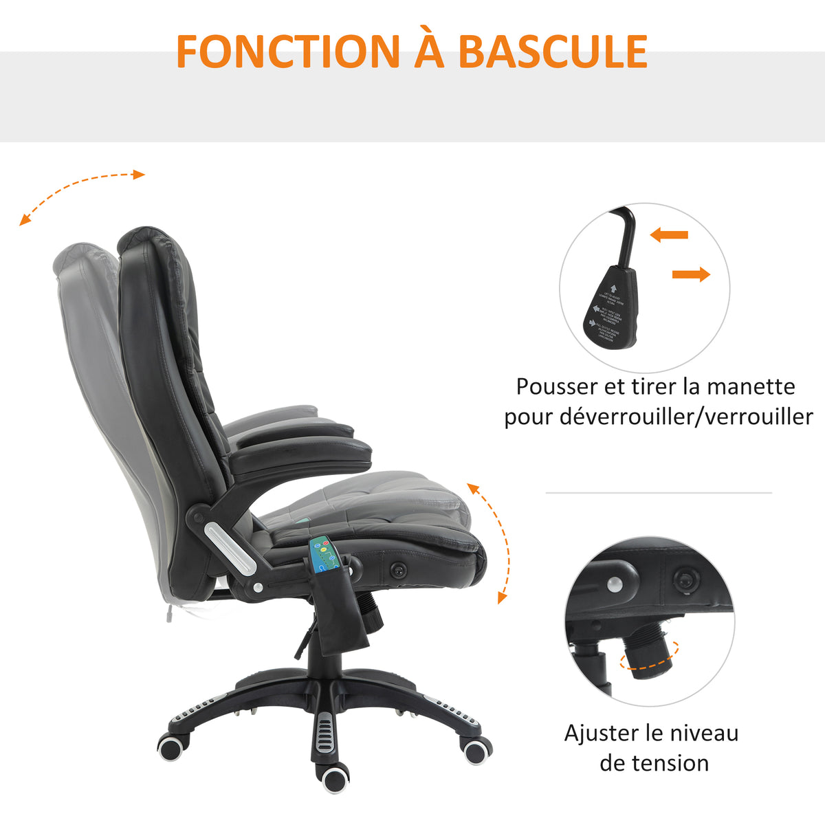 Fauteuil de bureau massant et chauffant électrique, noir