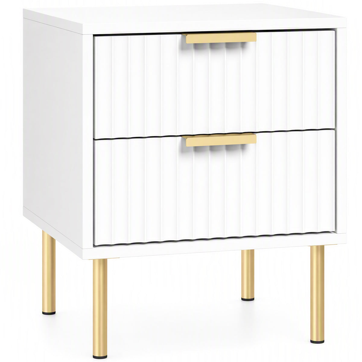 Table de chevet cannelée avec 2 tiroirs et pieds en acier, blanc