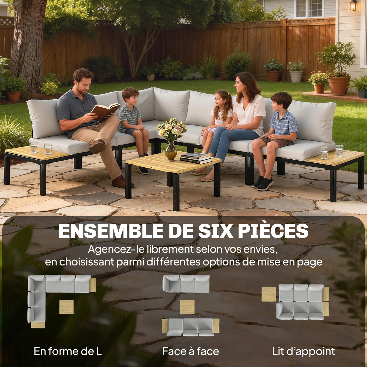 Salon de Jardin Modulaire 6 Pièces,Transformable en Lit, Table Basse et Plateaux Latéraux Gris
