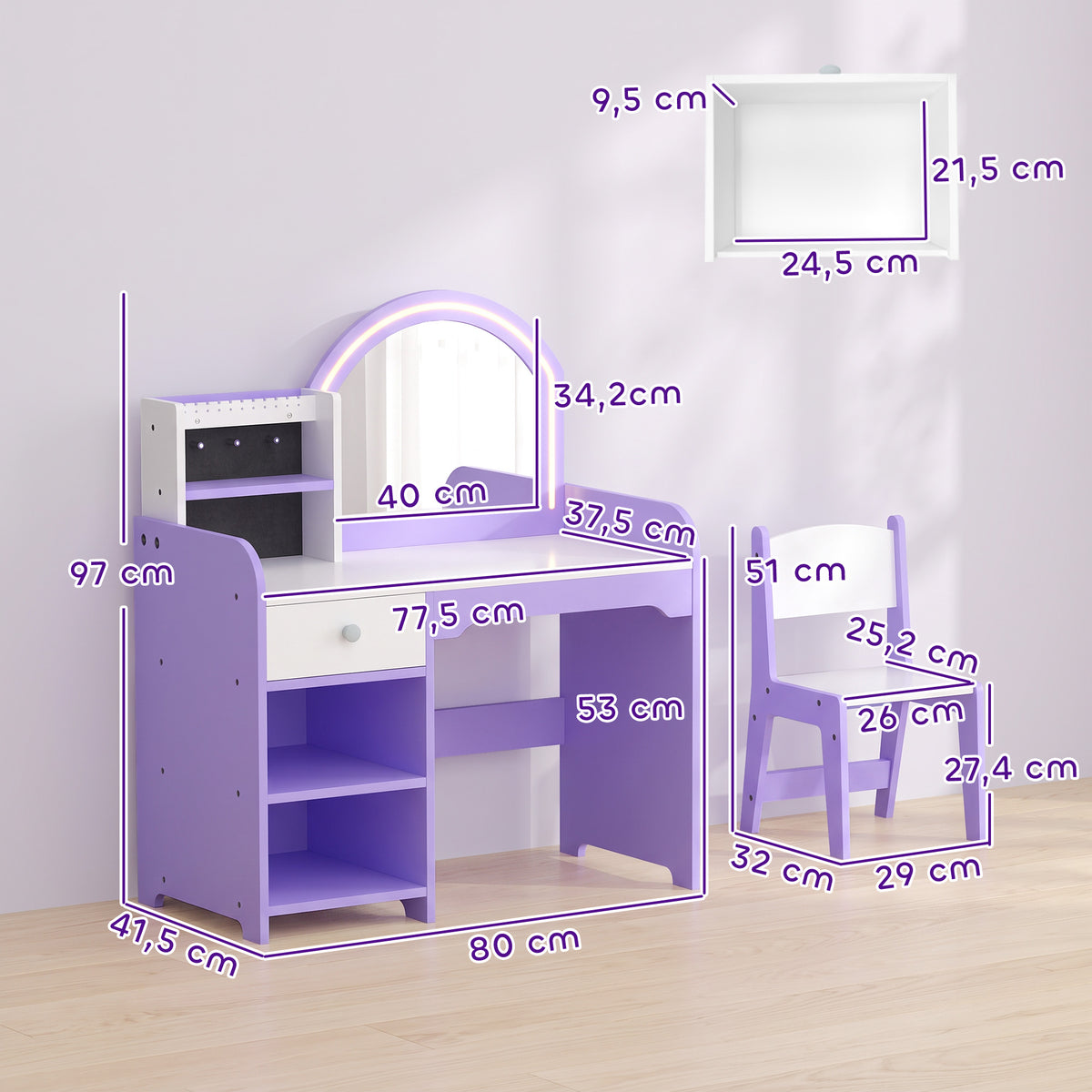 Coiffeuse pour Enfants avec Tabouret et Miroir, Violet